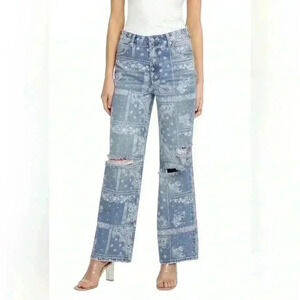 PTCL Hazel High Rise Wide Leg Jeans Bandana Patch Print Size 28 NWT